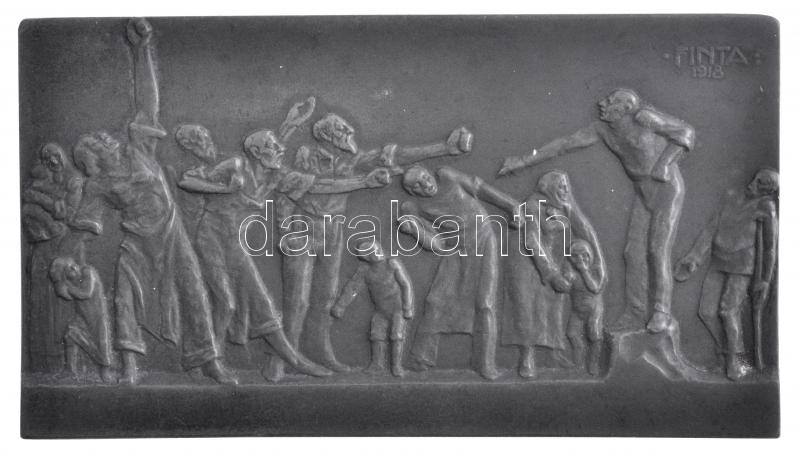 Finta Sándor (1881-1958) 1918. 'A vita' egyoldalas fém plakett, hátoldalán a művész vésett írásával 'A jó Áronkámnak nagy szeretettel, Finta Sándor 1919.IV.17.' (55x100mm) T:1- hátoldalán ragasztó nyomok