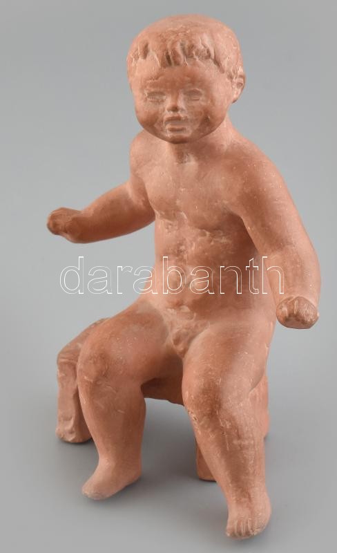 Pató Róza: Hokedlin ülő gyermek. Terrakotta, kopott, jelzett, m:15cm