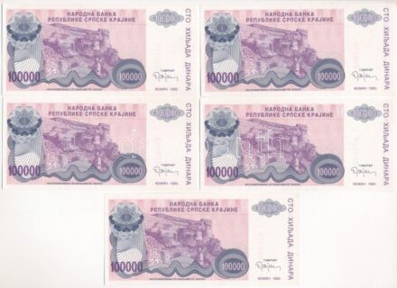 Horvátország / Krajna Szerb Köztársaság 1993. 100.000D (5x) sorszámkövetők 'A 1002125 - A 1002129' T:1 Croatia / Republic of Serbian Krajina 1993. 100.000.000 Dinara (5x) consecutive serials 'A 1002125 - A 1002129' C:UNC