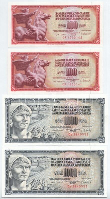 Jugoszlávia 1981. 100D (2x) sorszámkövetők 'CF 1533141 - 1533142' + 1000D (2x) sorszámkövetők 'DV 3940552 - 3940553' T:I Yugoslavia 1981. 100 Dinara (2x) consecutive serials 'CF 1533141 - 1533142' + 1000 Dinara (2x) consecutive serials 'DV