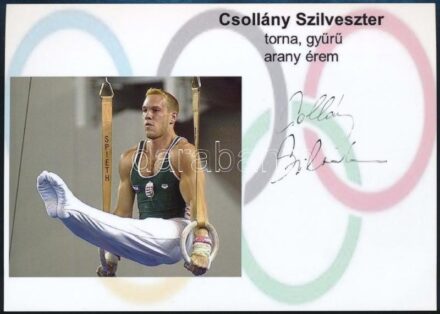 Csollány Szilveszter (1970-2022) tornász aláírása az őt ábrázoló képen