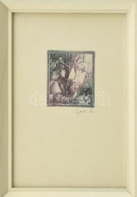 Egresi Zsuzsa (1954-): Portré festő. Színes rézkarc, papír, 6,5×6 cm Üvegezett keretben