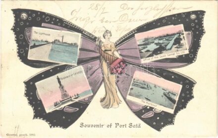 1907 Port Said, The Lighthouse, Office of the Suez Canal Co. Ltd., Ferdinand de Lesseps, The Harbour. Ideal Lichtdruck von M. Glückstadt & Münden. Montage with Art Nouveau butterfly lady, art postcard (fl)