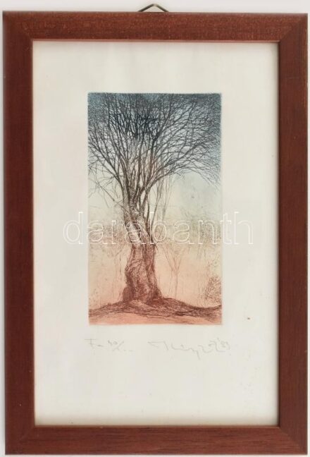 Kiss Péter (1957-): Fa. rézkarc. papír, jelzett, sorszámozott 40/100 Üvegezett keretben 12x7 cm