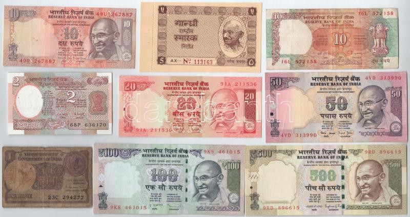India 9db-os bankjegytétel T:I-III- némelyiken tűlyukak India 9pcs banknote lot C:AU-VG some with pin holes