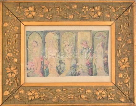 Dekoratív szecesszós stílusú, üvegezett, kissé sérült fa keret, szecessziós allegorikus nyomattal, belső méret: 21,5×31 cm