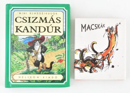 2 db macska témájú minikönyv: Macskák. Vál.: Borbíró Zsóka. Bp., 1995, Helikon. Kiadói kartonált papírkötés, kiadói papír védőborítóban. + Csizmás kandúr. Összeáll.: Stephanie Laslet. Ford.: Majtényi Zoltán. Mini