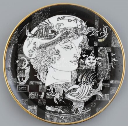 Hollóházi Szász Endre által tervezett porcelán tál. Matricás, jelzett, hibátlan, d: 20 cm