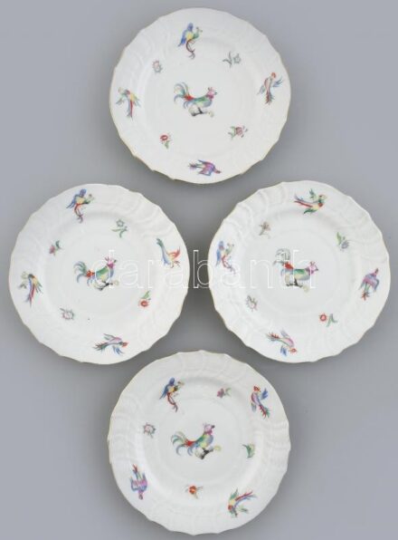 Herendi paradicsom madaras mintás süteményes tányér 4db, kézzel festett porcelán, jelzett, kopott, d: 15 cm