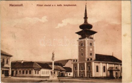 Mecenzéf, Alsómecenzéf, Metzenzéf, Nizny Medzev; Fő tér és római katolikus templom, Göbl A. László üzlete és saját kiadása / main square, church, shop (Rb)