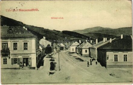1912 Mecenzéf, Metzenzéf, Metzenseifen, Medzev; Stószi utca, Göbl József üzlete. Müller Vince kiadása / street, shop (Rb)