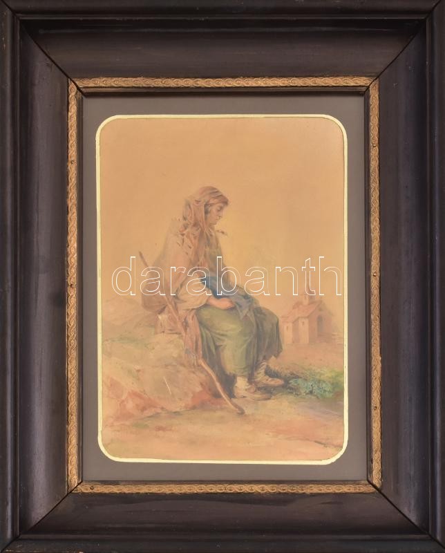Olvashatatlan jelzéssel (jobbra lent), XIX. sz. második fele: Pihenő. Akvarell, papír. Üvegezett, dekoratív fakeretben, 23×16 cm.