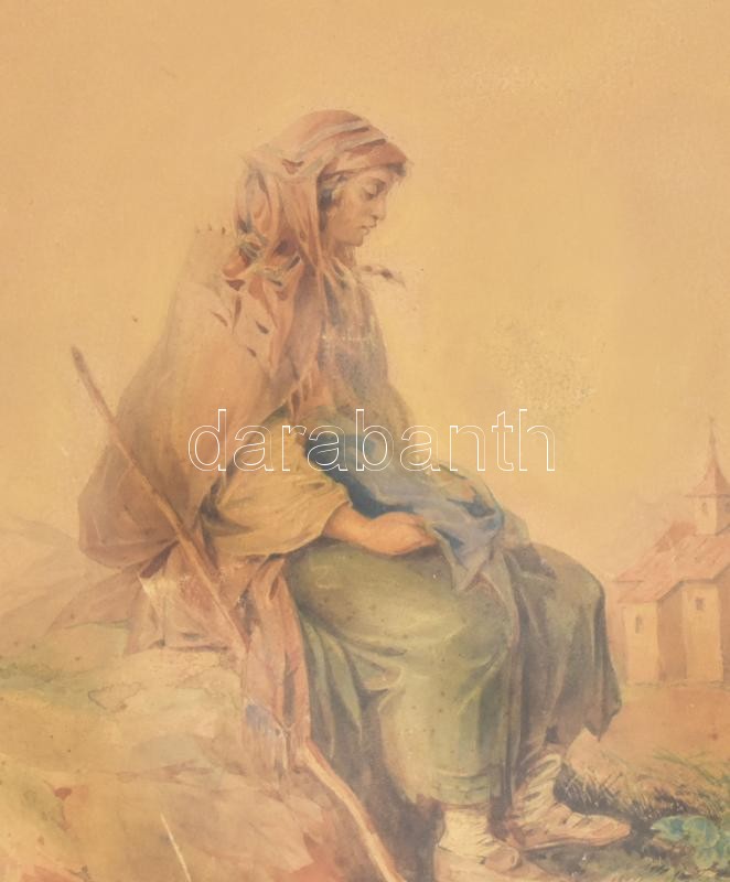 Olvashatatlan jelzéssel (jobbra lent), XIX. sz. második fele: Pihenő. Akvarell, papír. Üvegezett, dekoratív fakeretben, 23×16 cm. - Image 2