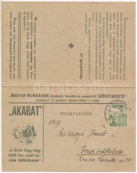 'Akarat' Öntöl függ hogy 1920-ban saját házába költözhessen! Magyar Munkások beszerző, takarék és lakásépítő szövetkezete kinyitható propaganda lapja