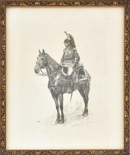 Kratke jelzéssel: Lovaskatona. Rézkarc, papír. Üvegezett, dekoratív fakeretben, 19×15 cm.