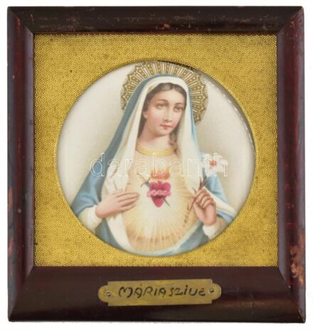 Mária szíve, szentkép, litográfia, kissé kopott, kitámasztható asztali képkeretben, külső méret: 11x10 cm