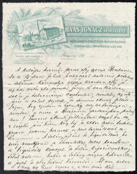 cca 1910-20 Haas Ignácz és Ipartelepe, Kemecse, díszes, illusztrált fejléces levélpapíron magánlevél, két kézzel írt oldal, hajtásnyommal, apró szakadással