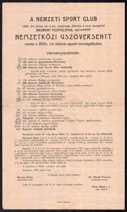 1920 A Nemzeti Sport Club által rendezett nemzetközi úszóverseny programja