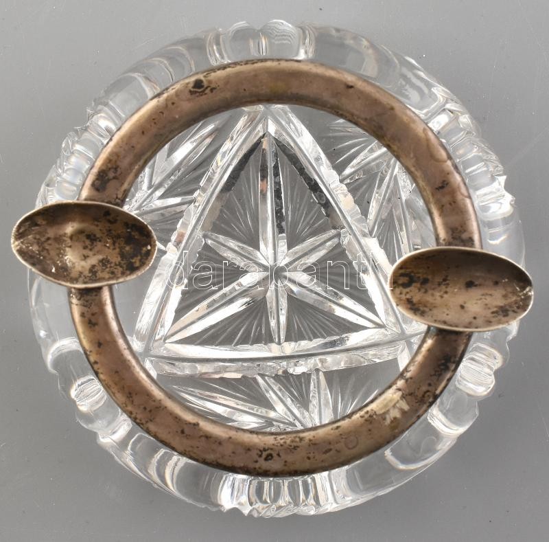 Ezüst (Ag) peremű kristály hamutál és cigarettatartó. Jelzett. d: 11 cm, m:7cm - Image 2