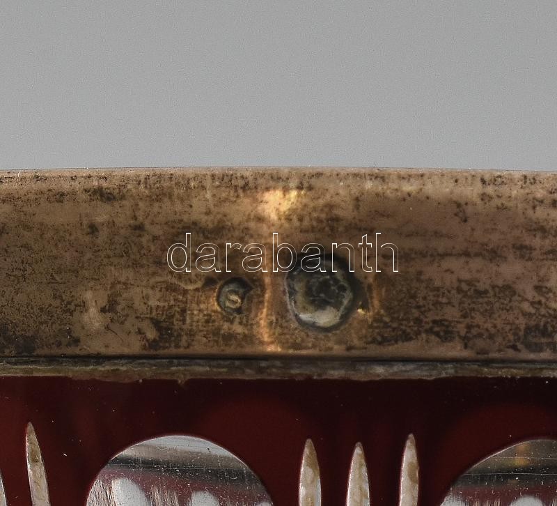 Ezüst (Ag) peremű bordó kristály váza, peremén vésettel, jelzett, hibátlan, m:15,5cm - Image 2