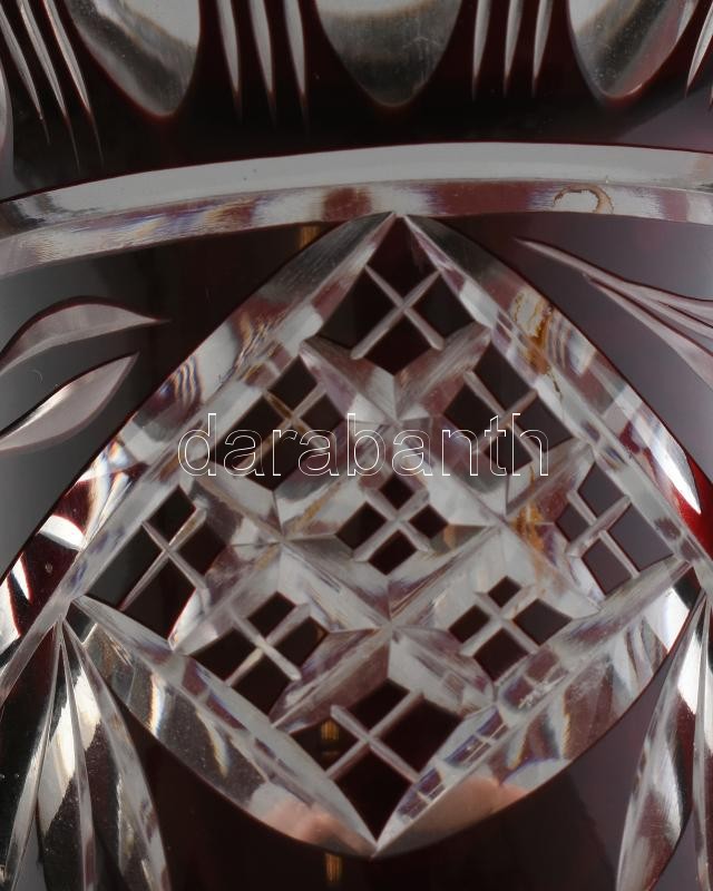 Ezüst (Ag) peremű bordó kristály váza, peremén vésettel, jelzett, hibátlan, m:15,5cm - Image 3