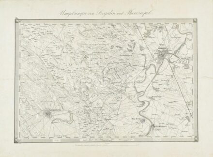 cca 1879 Umgebungen von Szegedin und Theresiopel, (Szeged és Szabadka környéke), 1:144.000, Wien, K. u. K. Militärgeografisches Institut, német nyelven, rézmetszet, papír, jelzett a dúcon (F. Fidler - J. Kiss), szakadt, hajtott, 27x40 cm,