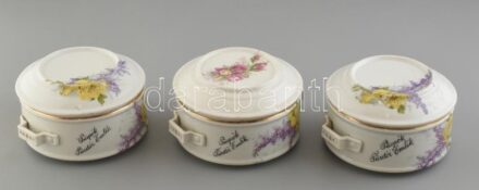 3 részes ételhordó, Püspök Fürdői Emlék, matricás porcelán, jelzés nélkül, kopásokkal, mázhibákkal, összetartó szíj nélkül, teljes méret:30x20cm