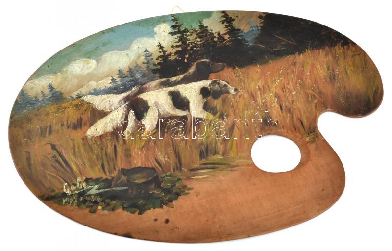 Gabi jelzéssel, 1900 körül: Vadászkutyák. Olaj, fa, paletta, 23x35cm, apró repedéssel