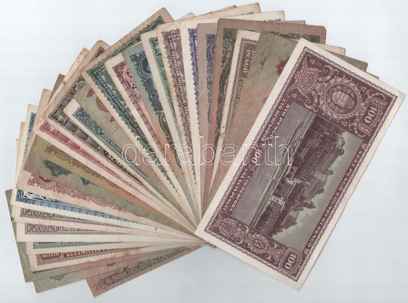 1930-1946. 27 db-os vegyes pengő bankjegy tétel (27xklf) közte 1930. 20P, 100P ' *E 055 060412 ' és 1939. 5P T:II-III közte: hajtatlan, kis szakadás, folt, firka - Image 2