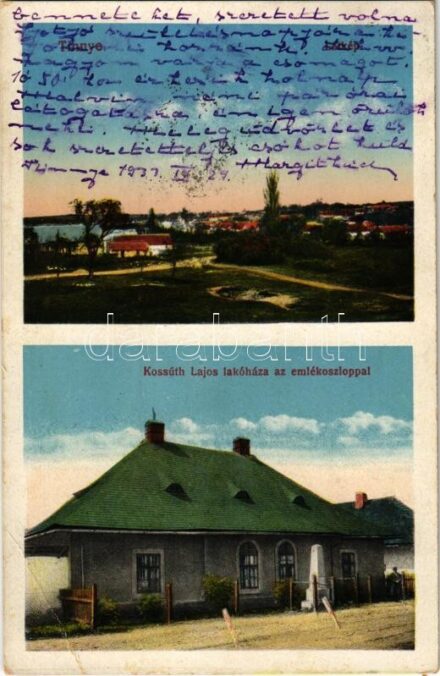 1933 Tinnye, Kossuth Lajos lakóháza az emlékoszloppal (EB)