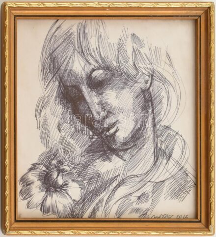 Csatesz 2012 jelzéssel: Női portré. Golyóstoll, papír. Jelzett, dekoratív, kissé sérült, üvegezett keretben, 17x17 cm