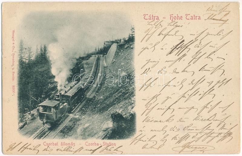 1900 Tátra, Magas Tátra, Vysoké Tatry; Csorbai állomás, fogaskerekű vasút, vonat / cogwheel railway station near Strbské pleso, train