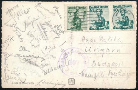 1953 B és V válogatott tagjainak aláírása képeslapon: Ilku, Török, Tóth II., Lugosi, Dékány, Szigeti, stb.