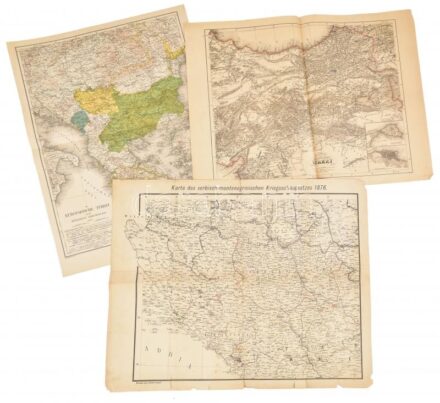 cca 1876-1912 Vegyes, a balkáni háborúkkal kapcsolatos térkép tétel, valamint ázsiai Törökország térképe, a Pester Lloyd folyóiratokból, 3 db: 1876 Karte des Serbisch-Montenegrinischen Kriegsschauplatzes 1876, Pester Lloyd, szakadt,