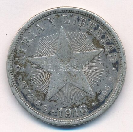 Kuba 1916. 1P Ag T:2-,3 ph. Cuba 1916. 1 Peso Ag C:VF,F edge error Krause KM#15.2