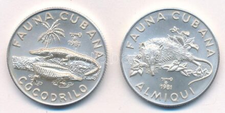 Kuba 1981. 5P Ag 'Kuba Állatvilága - Krokodil' + 1981. 5P Ag 'Kuba Állatvilága - Patkányvakond' T:1 Cuba 1981. 5 Pesos Ag 'Cuban Fauna - Crocodile' + 1981. 5 Pesos Ag 'Cuban Fauna - Solenodon (Almiqui)' C:UNC Krause KM#74, KM#83