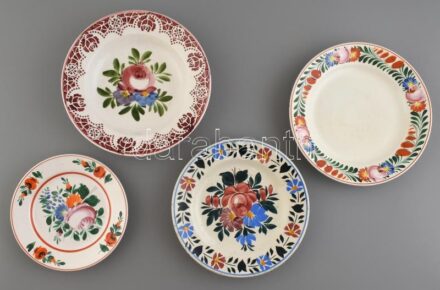 3db Hollóházi falitál, 1db Apátfalvi tál, kézzel festett porcelán, mázrepedésekkel, kopott, csorba, jelzett d:19-24 cm