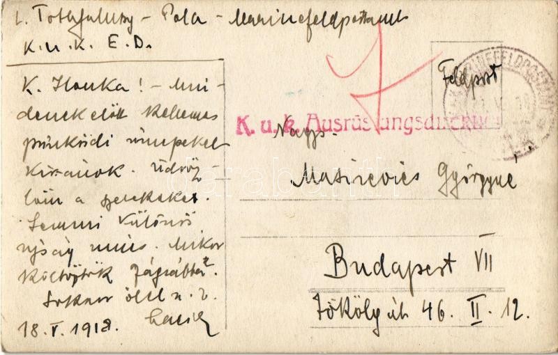 1918 Osztrák-magyar hidroplán repül el egy hadihajó felett / K.u.K. Kriegsmarine Wasserflugzeug / WWI Austro-Hungarian Navy hydroplane (seaplane) flying over a battleship. photo + 'MARINEFELDPOSTAMT' (EK) - Image 2