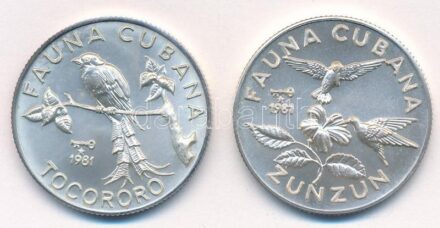 Kuba 1981. 5P Ag 'Kuba Állatvilága - Kubai trogon' + 1981. 5P Ag 'Kuba Állatvilága - Méhkolibri' T:1 Cuba 1981. 5 Pesos Ag 'Cuban Fauna - Cuban Trogon' + 1981. 5 Pesos Ag 'Cuban Fauna - Bee Hummingbird' C:UNC Krause KM#76, KM#82