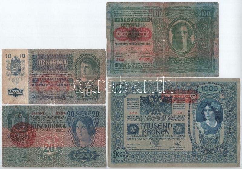 1902-1917. 1K-1000K (8xklf) közte 1904. 10K és 1913. 20K I. kiadás, piros 'MAGYARORSZÁG' körbélyegzővel T:III-IV közte: folt, szakadás, anyaghiány, ragasztás - Image 3