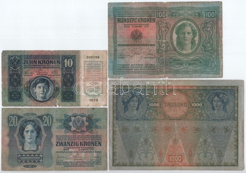 1902-1917. 1K-1000K (8xklf) közte 1904. 10K és 1913. 20K I. kiadás, piros 'MAGYARORSZÁG' körbélyegzővel T:III-IV közte: folt, szakadás, anyaghiány, ragasztás - Image 4