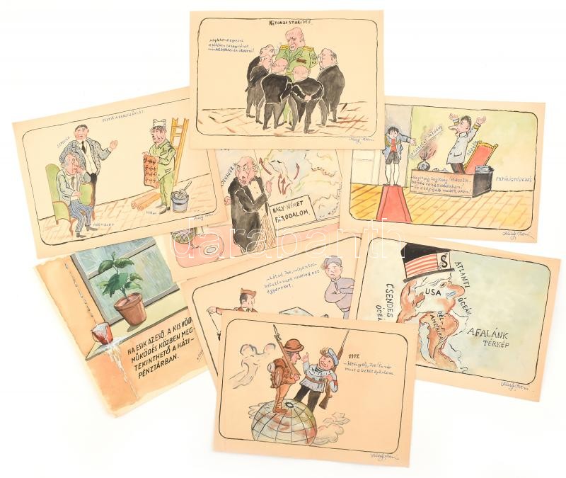 8 db reklámgrafika és karikatúra, jelzettek, 26×19,5 és 29,5×21 cm