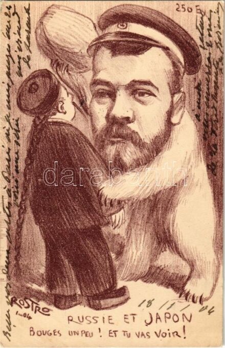 1904 Russie et Japon Bouges un peu! Et tu vas voir! / Russo-Japanese war with Nicholas II of Russia as a bear / Orosz-japán háború gúnylap, II. Miklós orosz cár mint egy nagy orosz medve s: Rostro