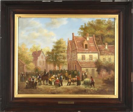 Vojnits Richárd (1942-): Piac. Olaj, karton, jelzett. Dekoratív, kissé sérült fa keretben, 40×50 cm