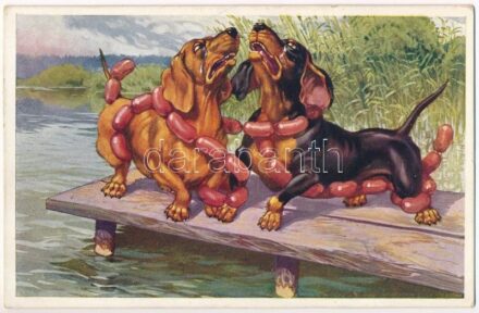 Tacskók kolbász csapdában / Dachshund dogs trapped in sausage. B.K.W.I. 446-2. (ázott / wet damage)