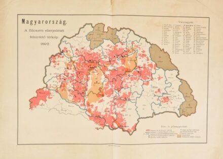 1892 Magyarország a filloxera elterjedését feltüntető térkép 1892, Bp., Kellner és Mohrlüder, szakadt, az egyik sarkán gyűrődéssel, litográfia, 33x49 cm