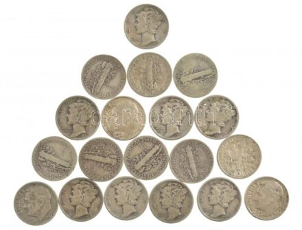 Amerikai Egyesült Államok 1918-1964. 1d Ag 'Mercury' 'Roosevelt' (19db) T:2-3 patina USA 1918-1964. 1 Dime Ag 'Mercury' 'Roosevelt' (19pcs) C:XF-F patina