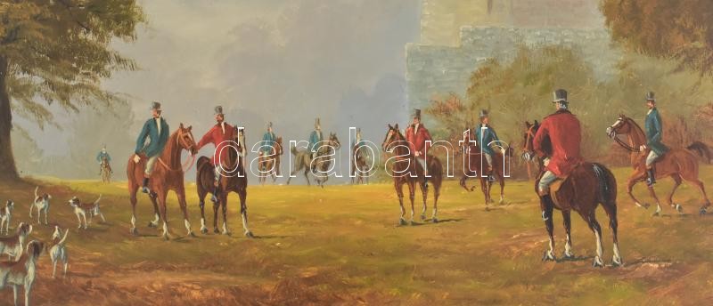 Vojnits Richárd (1942-): Vadászat. Olaj, falemez, jelzett. Dekoratív fa keretben, 40×50 cm - Image 2