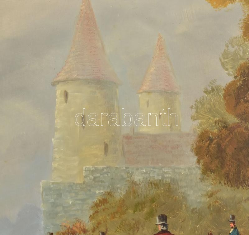 Vojnits Richárd (1942-): Vadászat. Olaj, falemez, jelzett. Dekoratív fa keretben, 40×50 cm - Image 3