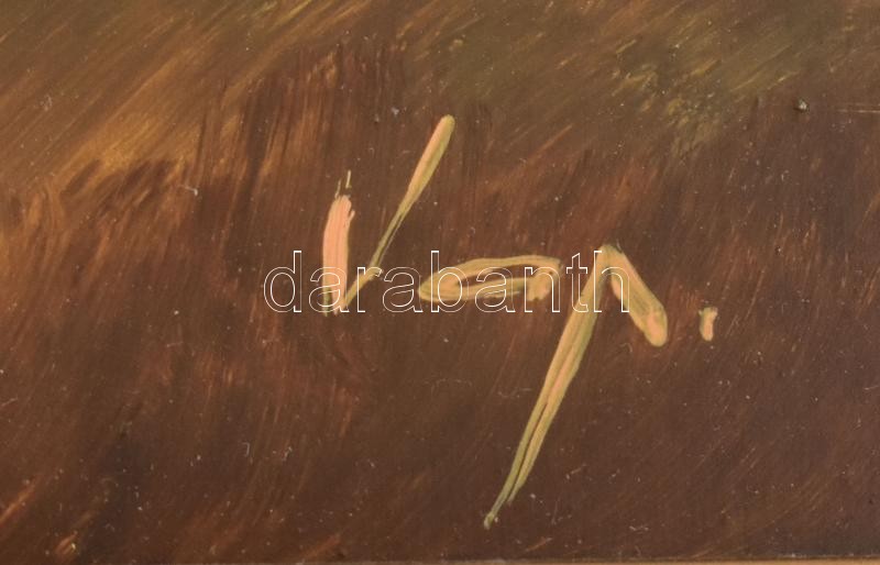 Vojnits Richárd (1942-): Vadászat. Olaj, falemez, jelzett. Dekoratív fa keretben, 40×50 cm - Image 4